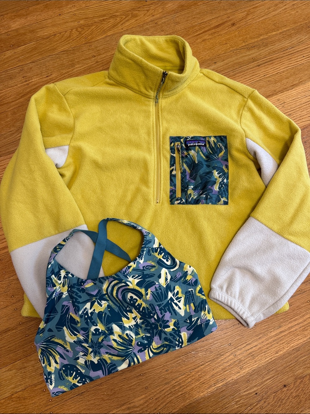 Patagonia Microdini 1/2 Zip Fleece Pullover & shadowlite sports bra, both size S